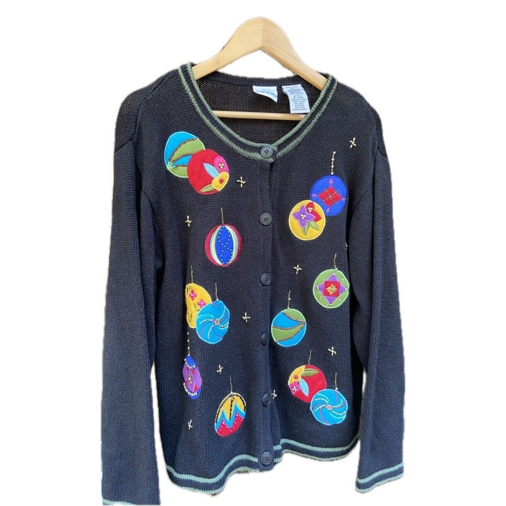 VTG Christmas Cardigan Ugly Tacky Sweater Party Beaded Ornaments Bobbie Brooks